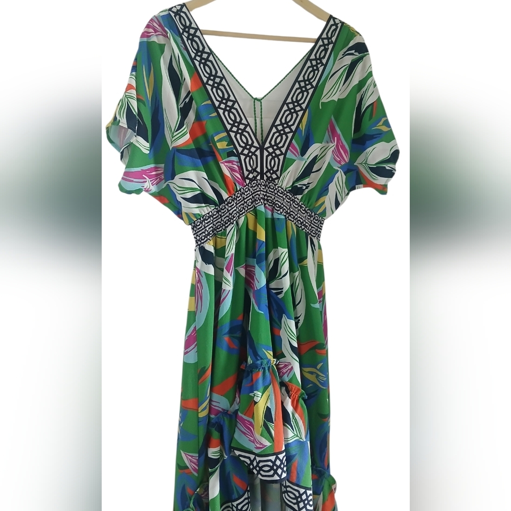 Flying Tomato Dress V-Neck Hi-Lo Floral Elasticized Waist Flowy Tropical Print - Picture 5 of 13